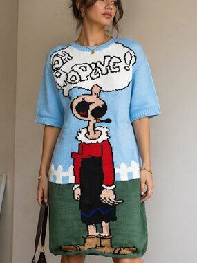 Hand-Knit Popeye ( Olive Oyl ) Graphic Dress | One-of-a-Kind Statement Piece